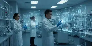 Scientists analyzing AI-driven clinical trial data on holographic screens in a modern US MedTech lab