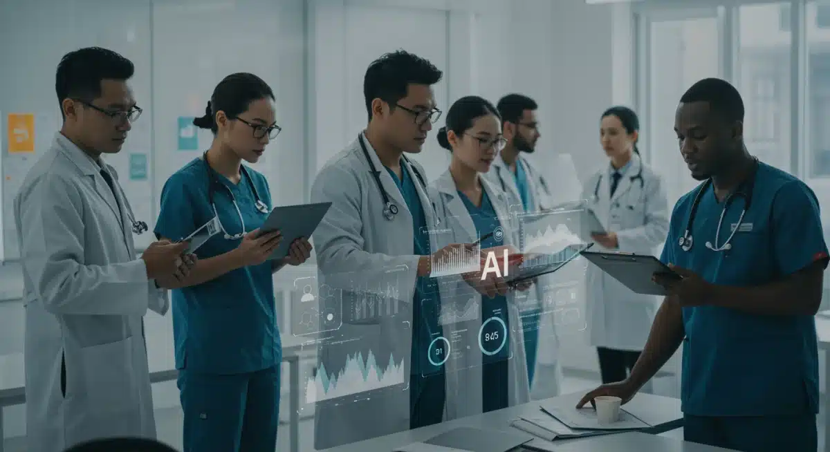 Healthcare professionals collaborating with AI systems in a clinical setting, demonstrating the practical application and adoption of federally funded AI tools.