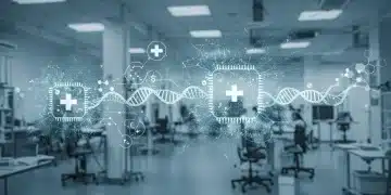 Conceptual illustration of artificial intelligence integrating with healthcare, showing data flowing into medical devices and research, representing federal funding for AI in healthcare.