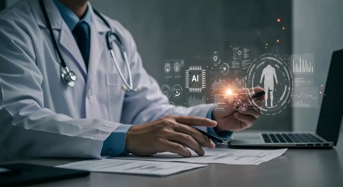 Doctor analyzing AI-driven medical data for remote diagnosis