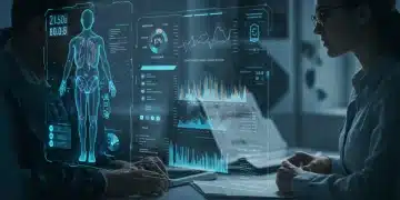 Futuristic digital health interface with patient data, interconnected medical devices, and regulatory compliance symbols.