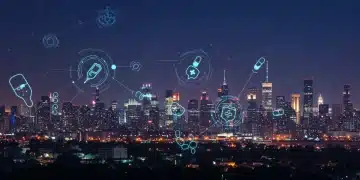 Futuristic cityscape with glowing medical devices symbolizing MedTech innovation hubs.