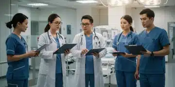 Healthcare professionals collaborating on patient care with digital tools, representing new policies.