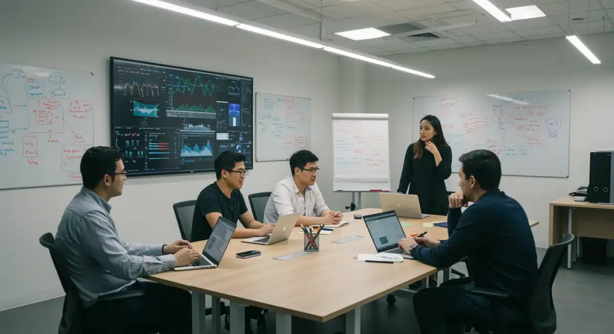 Diverse team collaborating in a modern MedTech co-working space.
