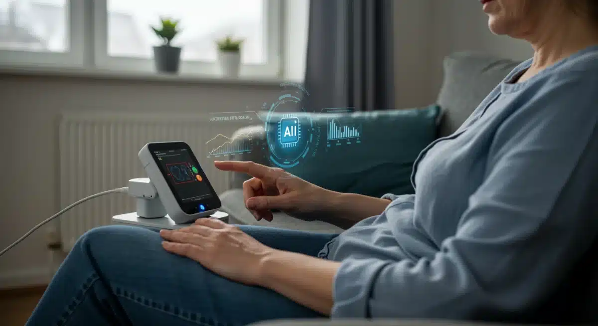 Patient using telehealth device for remote monitoring and AI analysis