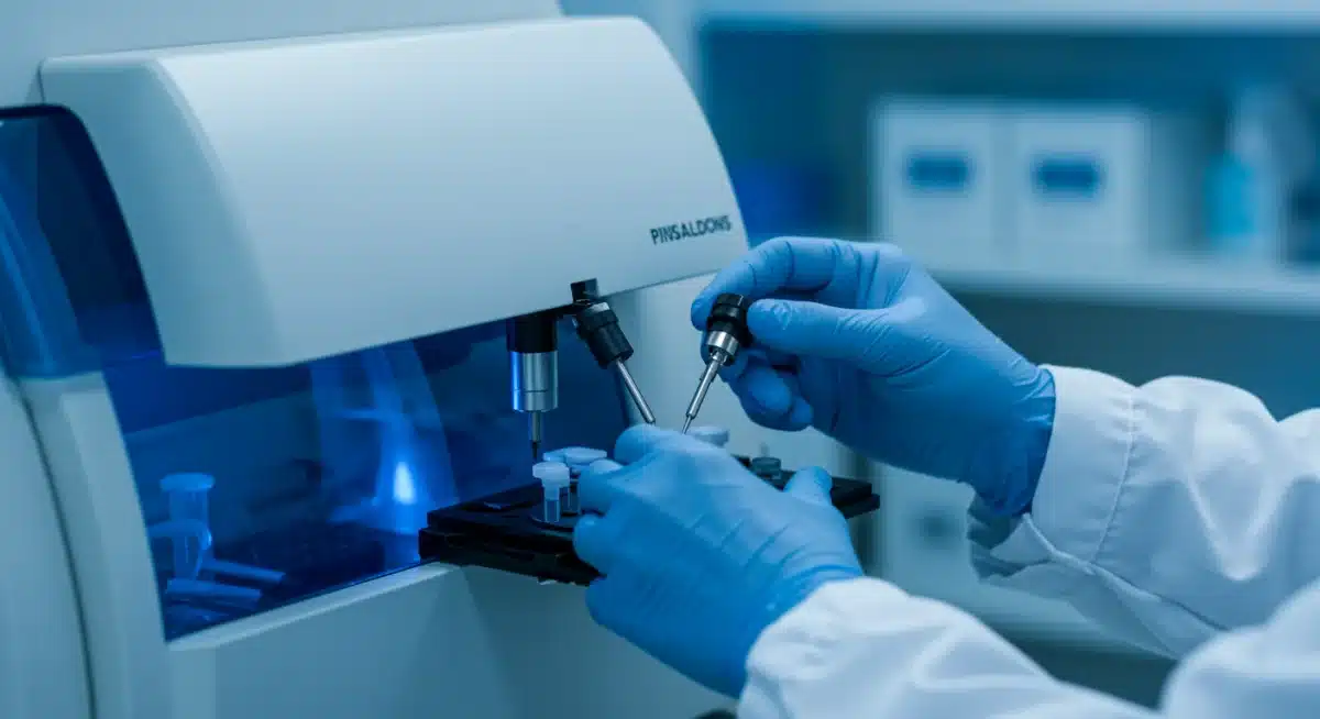 Scientist's hands operating advanced medical diagnostic equipment in a lab.