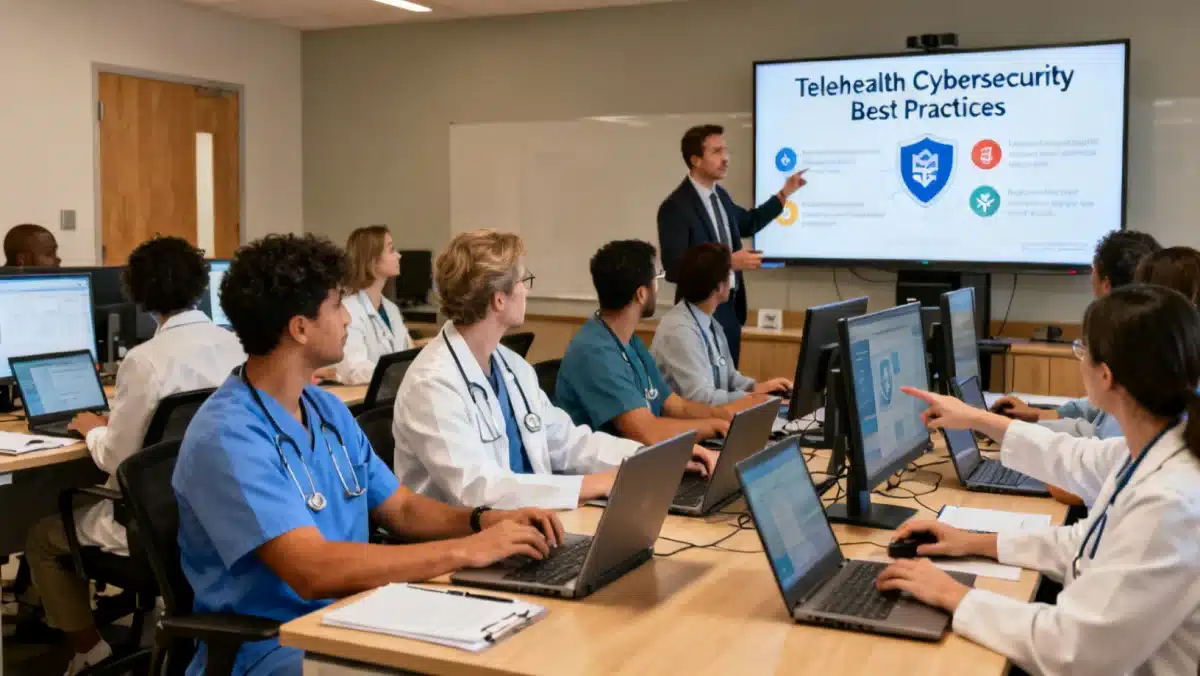Healthcare professionals in cybersecurity training for telehealth