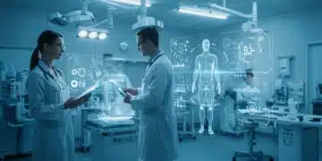 Doctors interacting with advanced AI diagnostic systems in a modern clinical setting, displaying digital medical results.