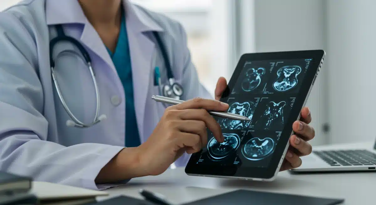 Physician reviewing AI-enhanced medical imaging for precise diagnosis.