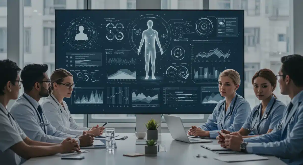 Healthcare team collaborating with AI-powered predictive analytics for patient care.