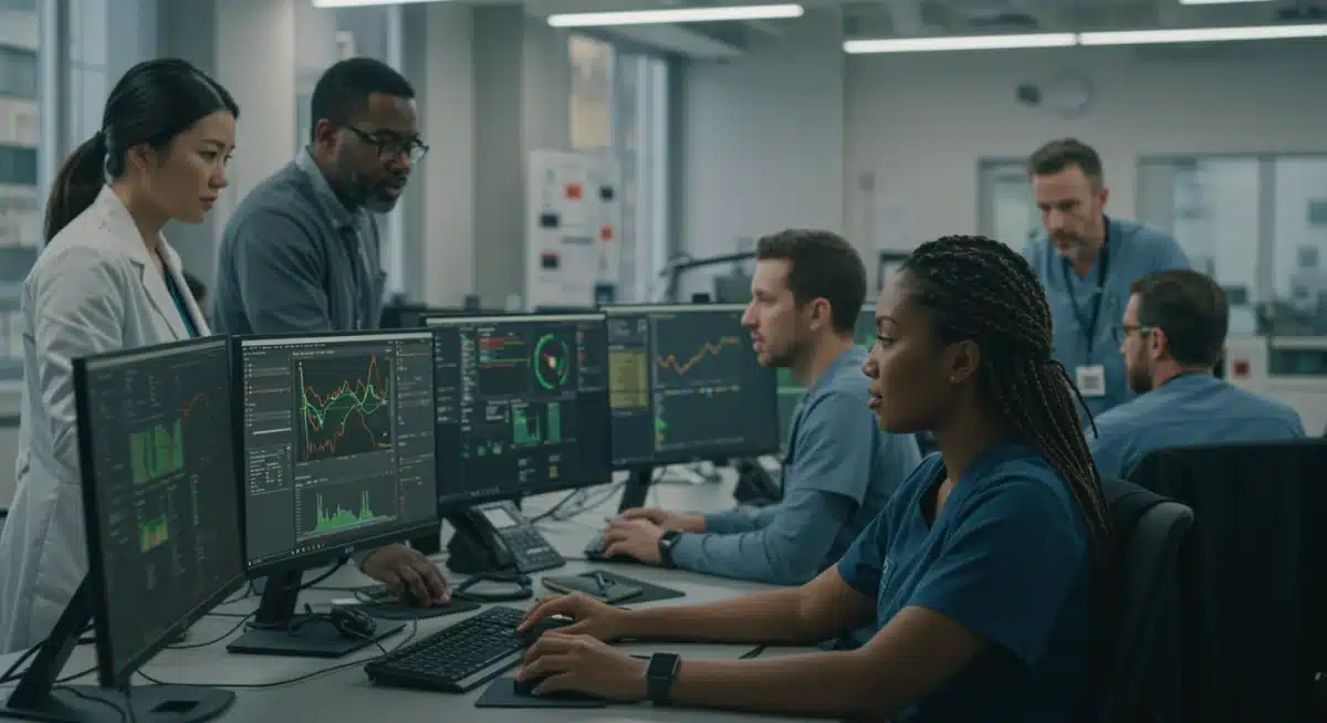 Cybersecurity team analyzing healthcare data threats