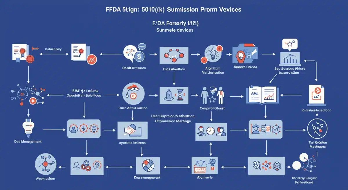 Flowchart depicting FDA 510(k) submission process for AI medical devices, highlighting data management and algorithm validation.