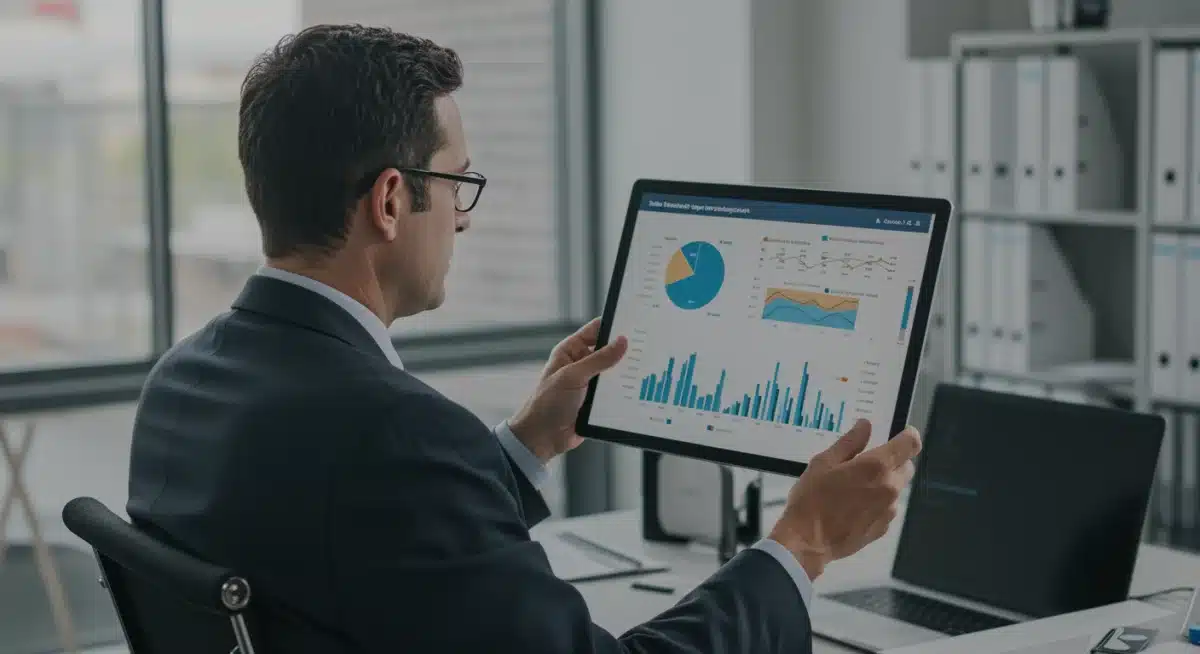 Healthcare executive reviewing telehealth performance metrics and strategic growth plans.