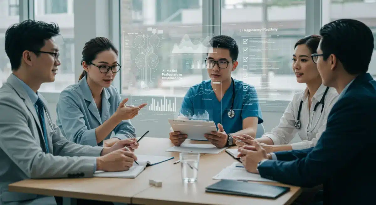 MedTech team collaborating on AI model performance and regulatory compliance for market entry.