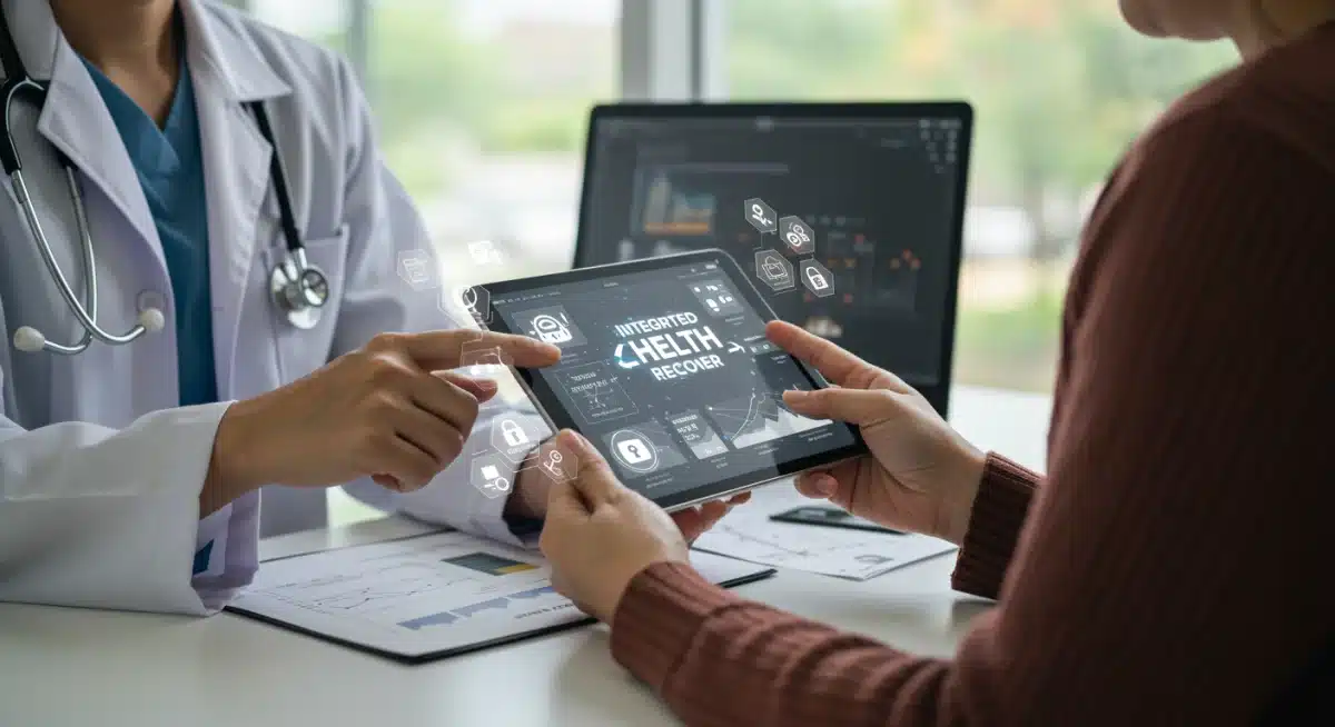 Doctor and patient reviewing integrated electronic health record on tablet