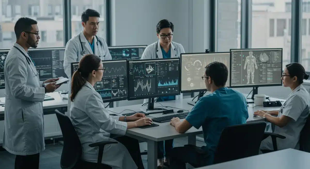 Collaborative team analyzing AI-driven clinical research data