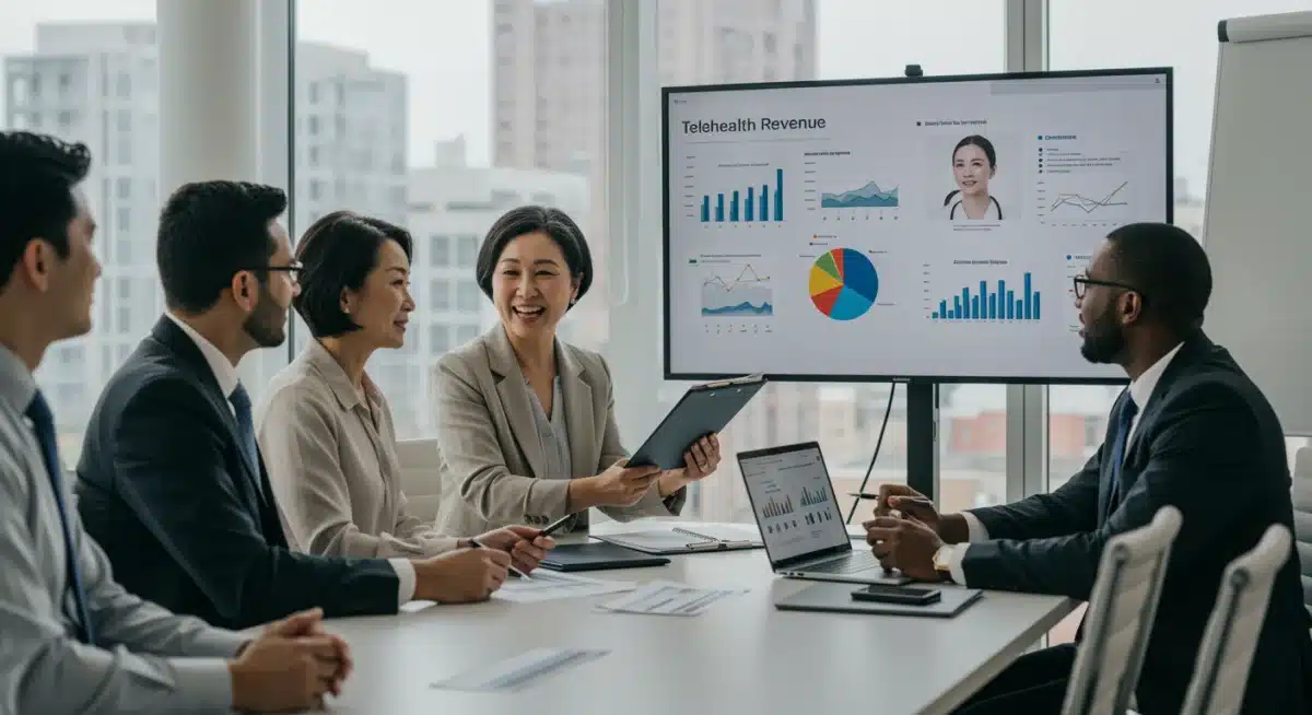 Healthcare professionals strategizing telehealth revenue optimization in a meeting.