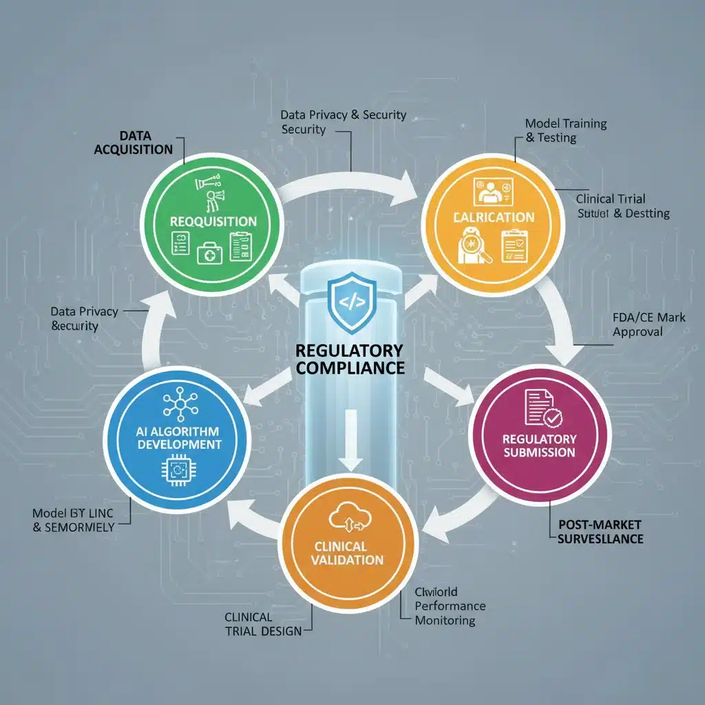 Diagram showing the AI medical device development and regulatory pathway