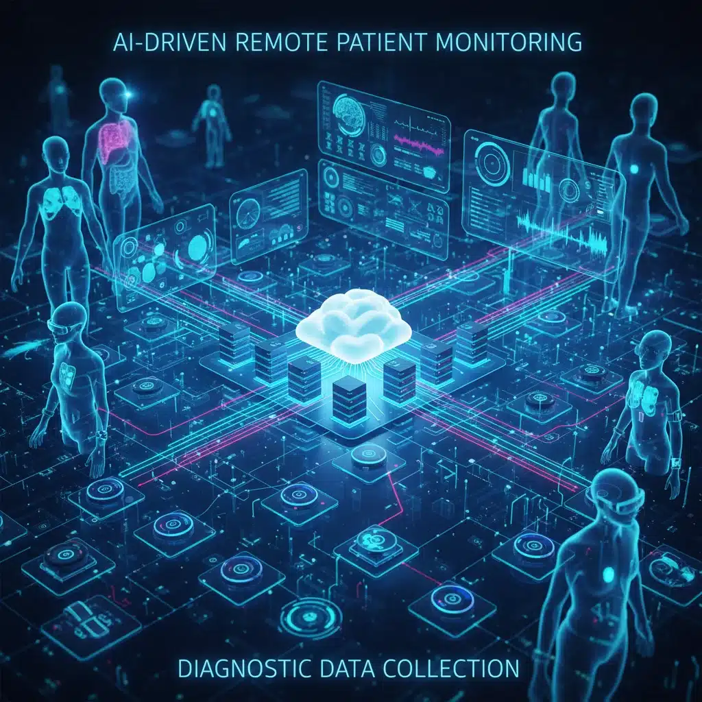 Network of smart medical devices and cloud infrastructure for AI remote patient monitoring.