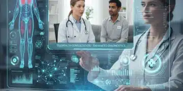 AI integrated into telehealth for enhanced medical diagnostics, showing virtual consultation screens and data analysis.