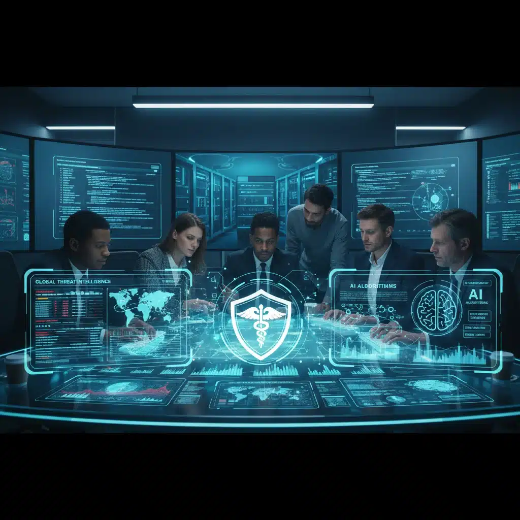 Cybersecurity team analyzing AI threats in healthcare.