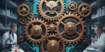 Complex gears and circuits representing drug pricing negotiation impact on pharma and MedTech partnerships