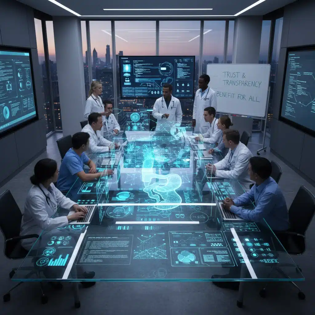 Healthcare and AI professionals discussing ethical AI development