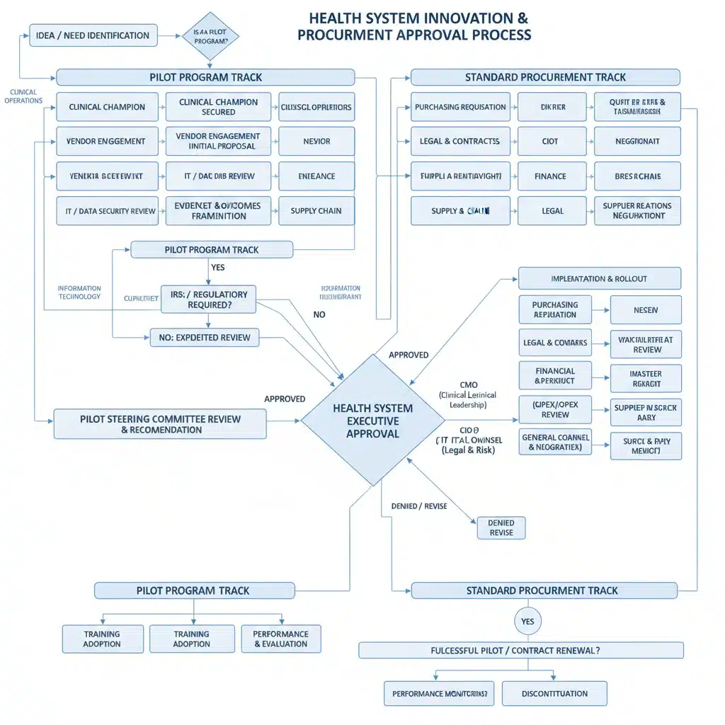 Flowchart depicting health system pilot program approval process for MedTech startups.