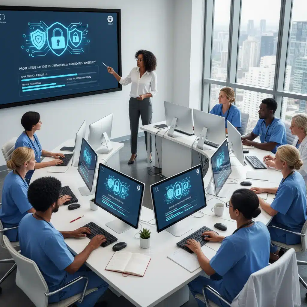 Healthcare staff receiving cybersecurity training for AI systems.