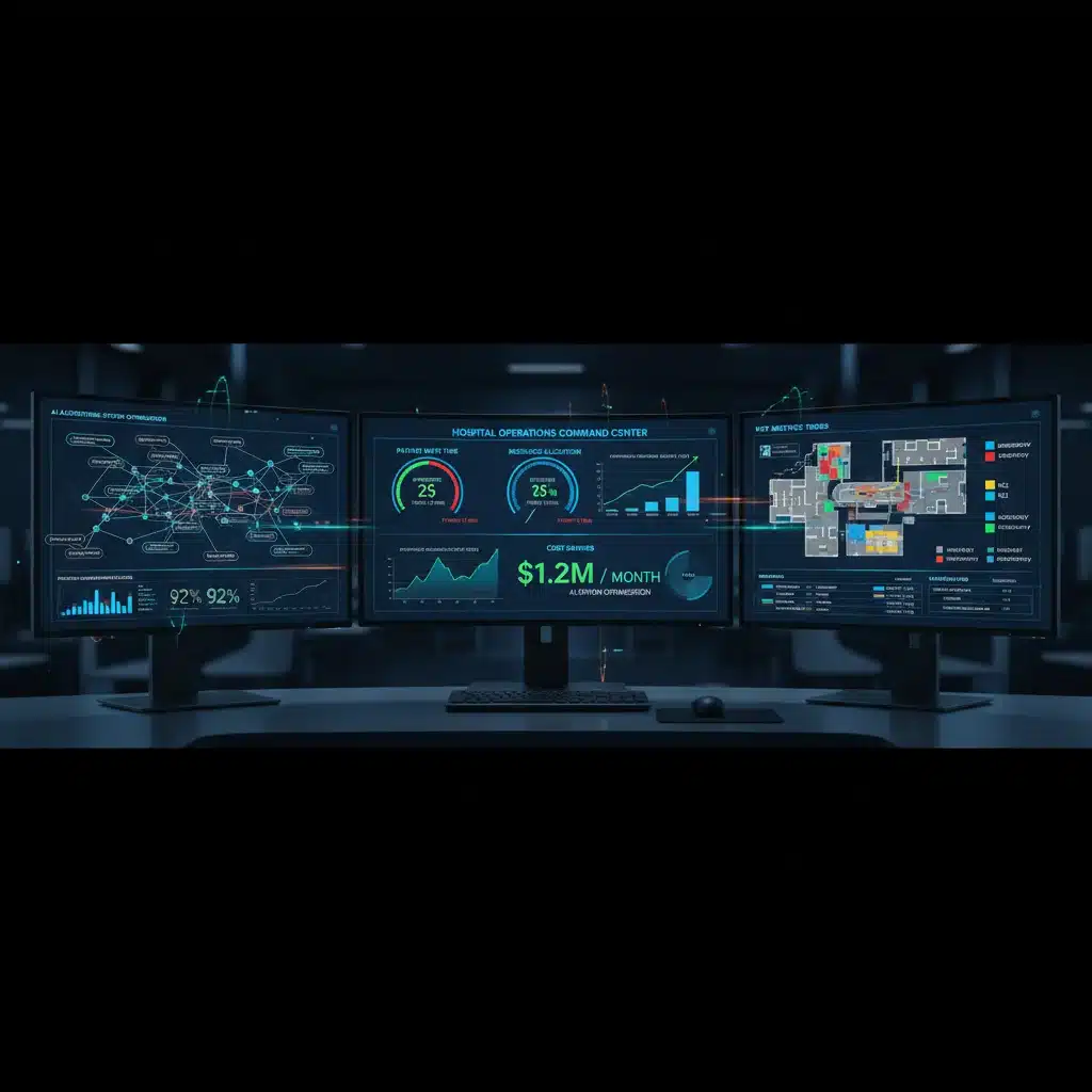 Hospital data dashboard showing AI-driven efficiency gains and cost reductions.