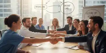 MedTech startup founders shaking hands with health system executives, symbolizing new partnerships in 2026.