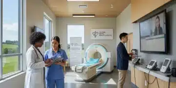 Healthcare team in modern rural clinic discussing patient care and technology