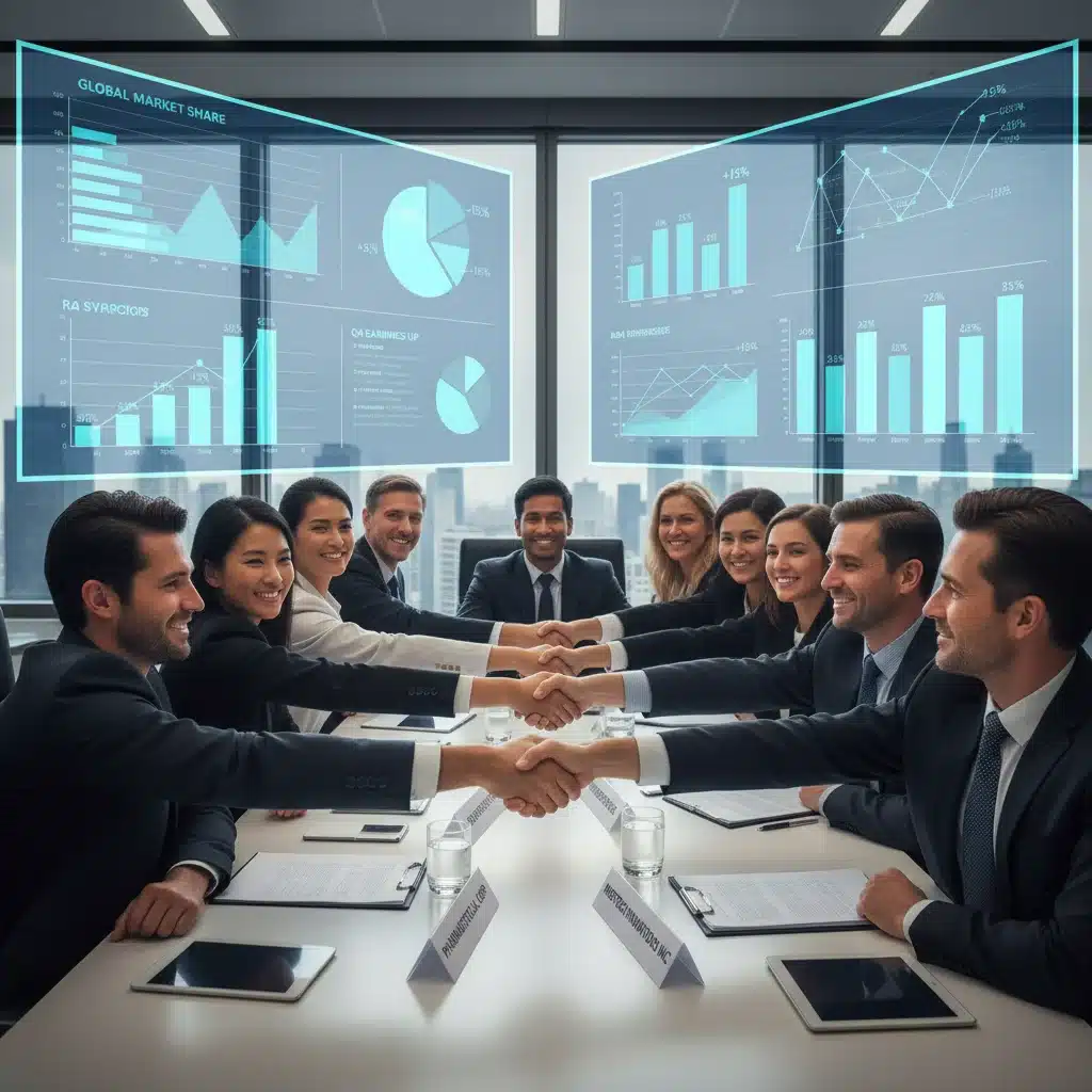 Executives shaking hands, symbolizing strategic partnerships between pharma and MedTech companies