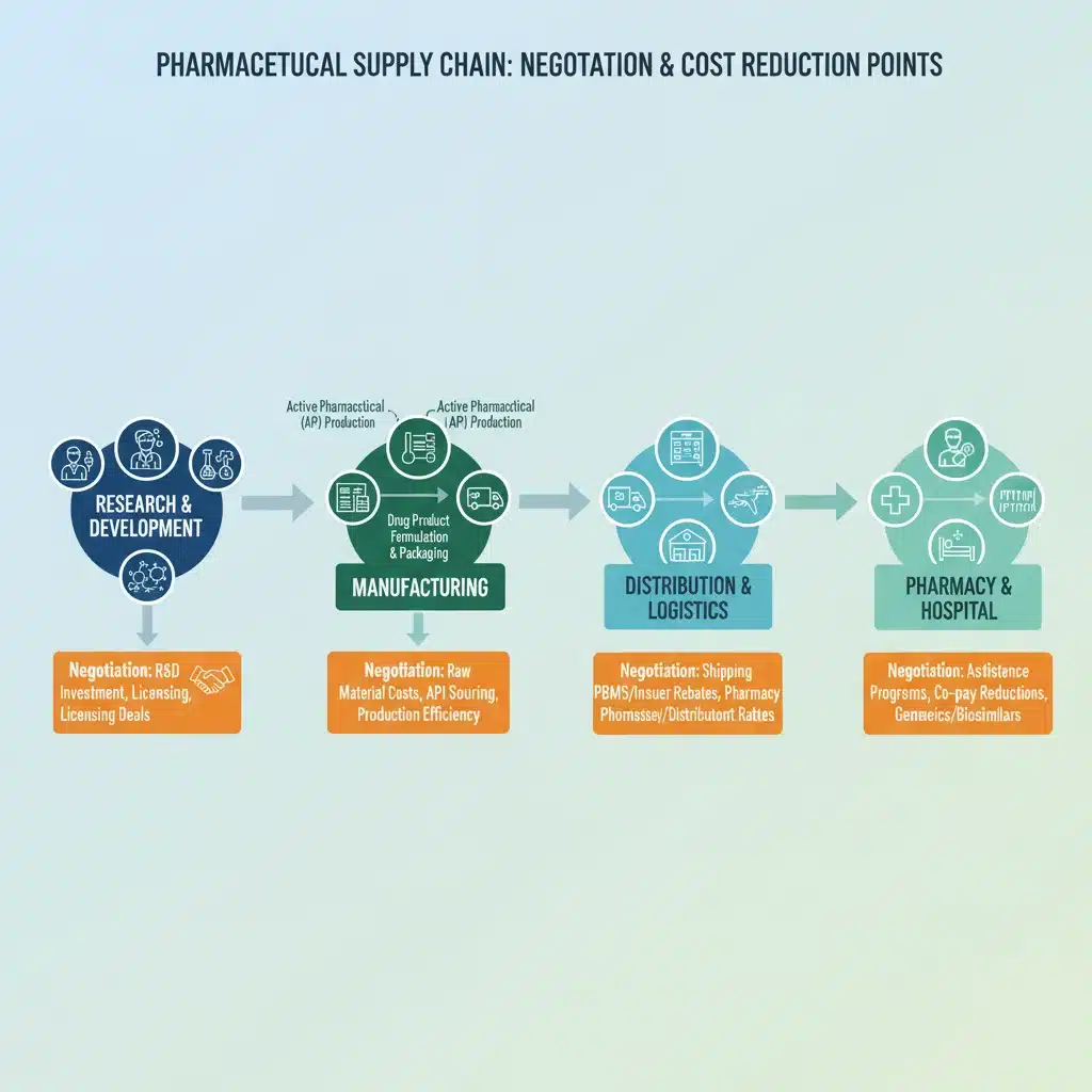 Pharmaceutical supply chain showing negotiation points and cost reduction strategies