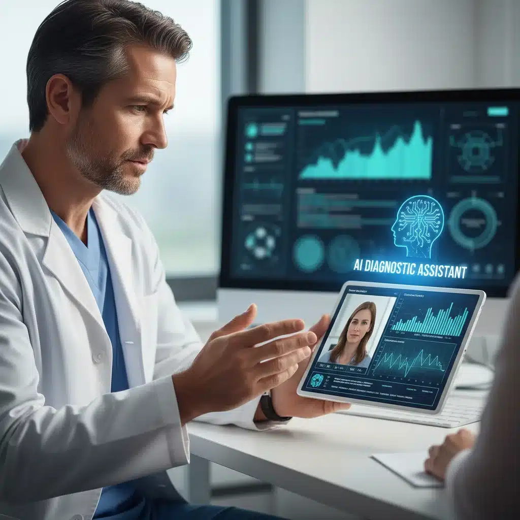 Doctor using AI tools for real-time telehealth diagnosis, showing digital patient data and analytical charts.