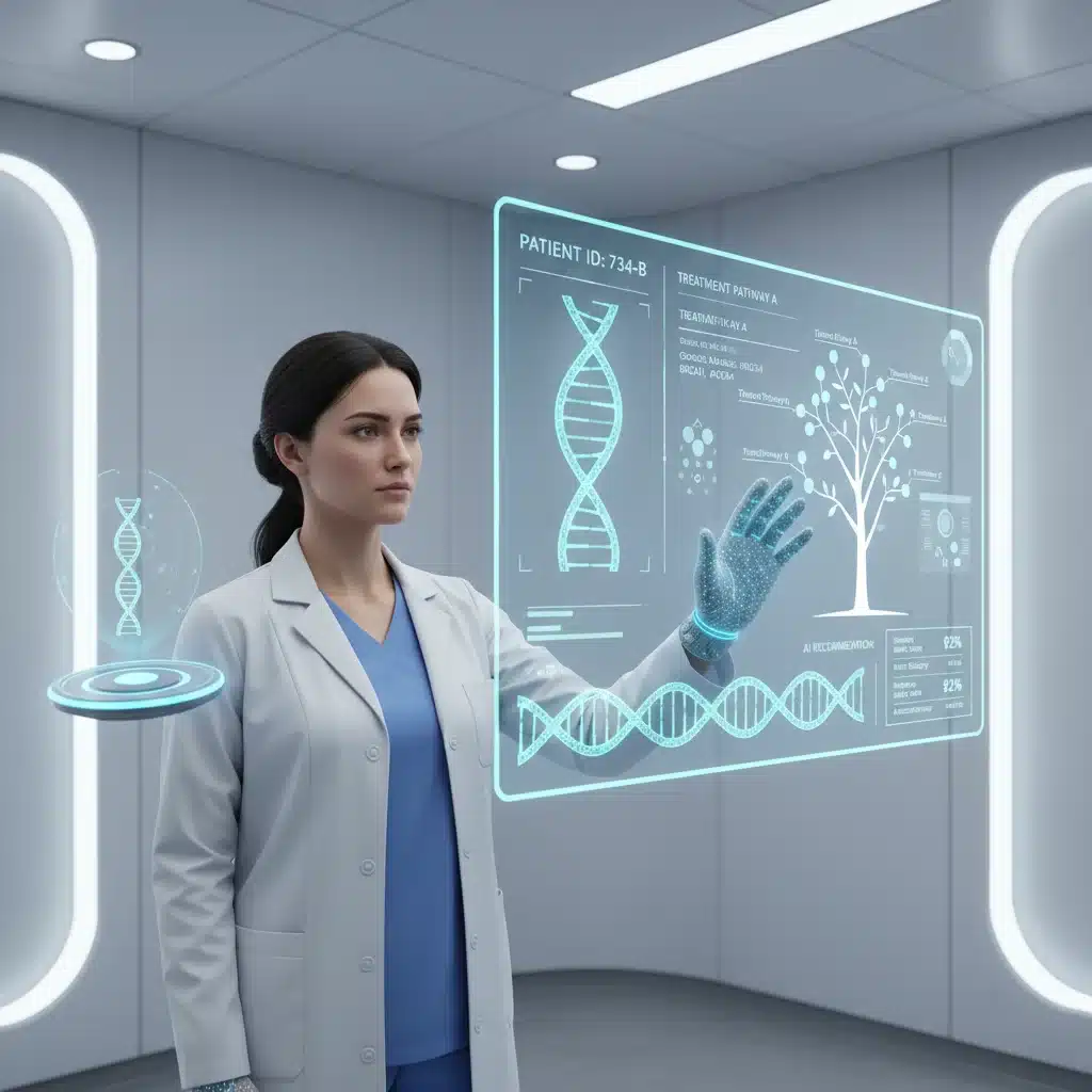 Physician analyzing patient genetic data on a holographic display for personalized medicine.