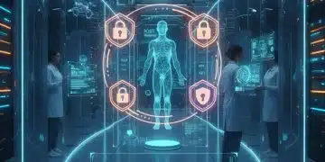 Secure AI healthcare systems with digital locks and data protection symbols.