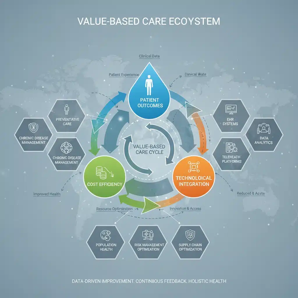 Infographic showing value-based care model with patient outcomes and cost efficiency