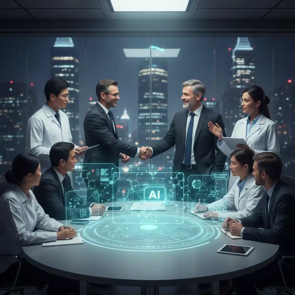 Scientists and regulatory experts discussing AI drug discovery and compliance strategies.