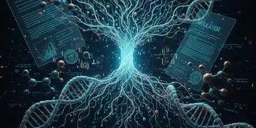 AI neural network interacting with complex molecular structures and regulatory documents, symbolizing AI drug discovery and compliance.