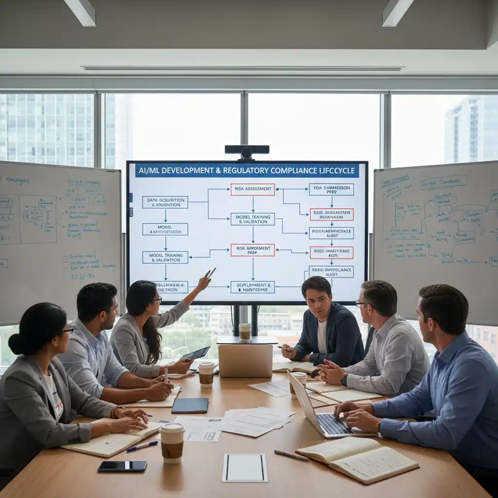 Cross-functional team collaborating on AI medical device regulatory strategy