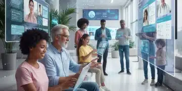 Patients engaging with AI-driven telehealth platforms on various devices, showing improved access and satisfaction.