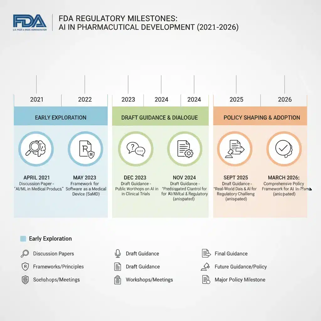Timeline infographic showing FDA regulatory milestones for AI in drug development.