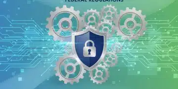 Illustration of data privacy and HIPAA compliance with gears and a shield lock