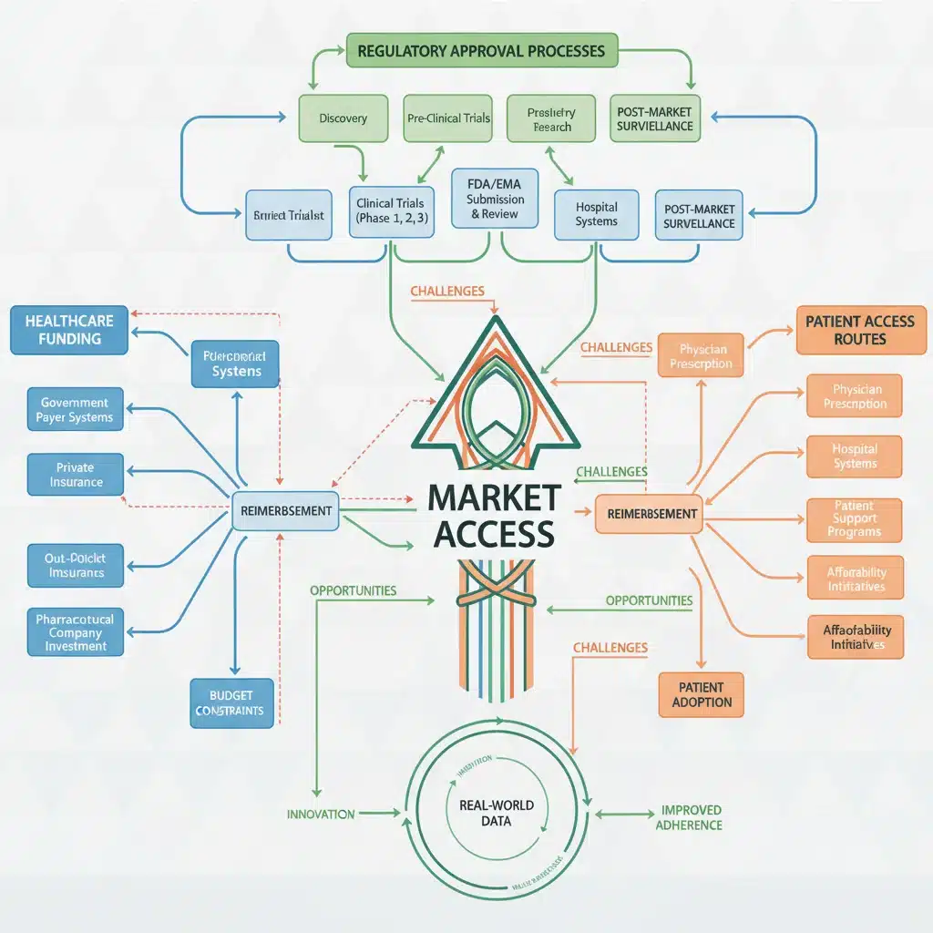 Infographic illustrating healthcare funding, regulatory, and patient access pathways.
