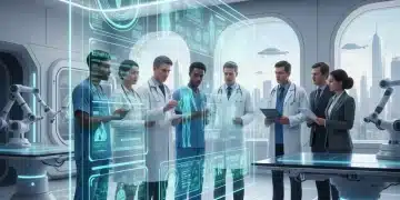 Healthcare professionals collaborating on digital medical records, symbolizing MedTech policy impact.