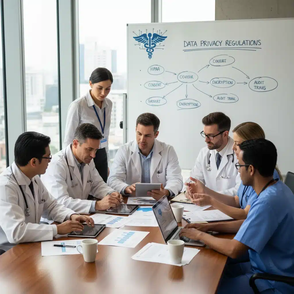Healthcare professionals collaborating on data privacy regulations