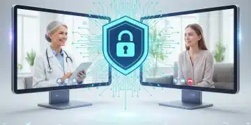 Secure telehealth platform interface with doctor and patient, emphasizing data protection