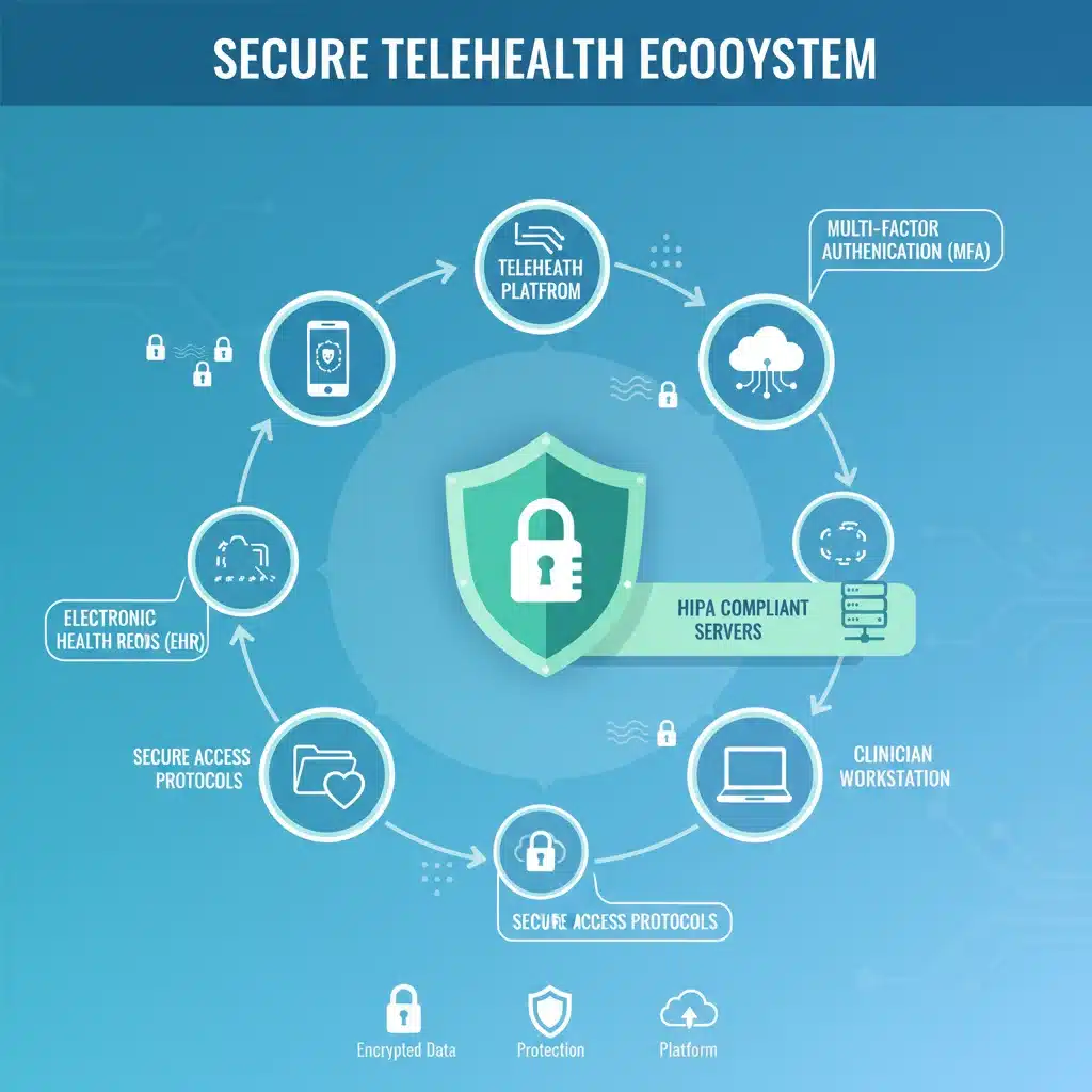 Infographic detailing cybersecurity features in telehealth platforms