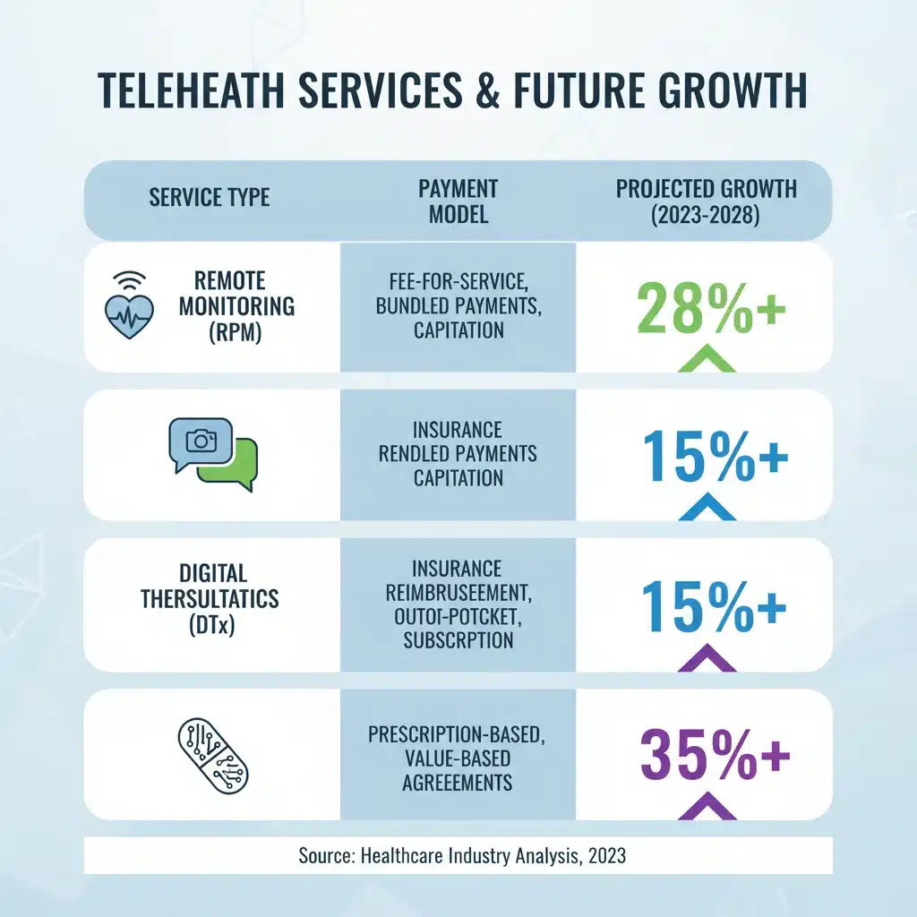 Infographic detailing various telehealth services, payment models, and projected growth in the MedTech sector.
